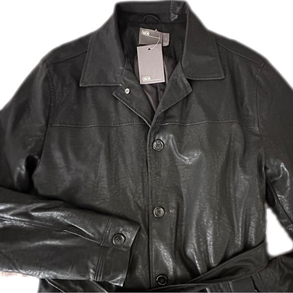 ASOS DESIGN Men’s Faux Leather Belted Trench Coat In Black Size: XL - Picture 8 of 15